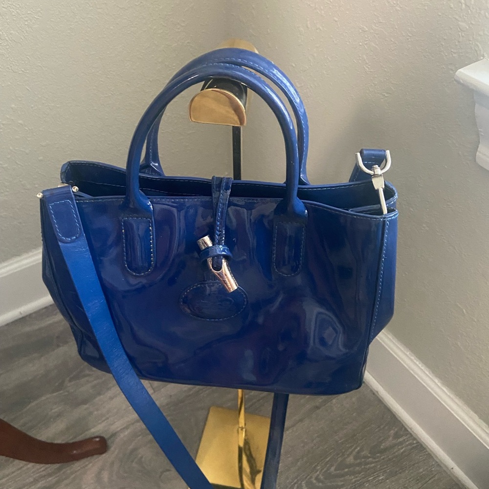 Gorgeous Longchamp Blue Patent Leather Handbag Silver Tone Hardware Crossbody